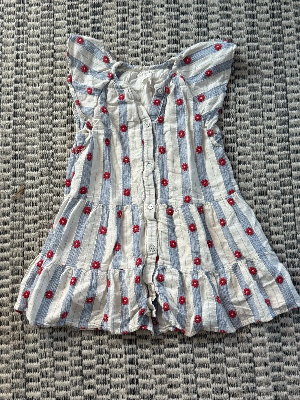 Zara White and Blue Striped Dress with Red Floral Embroidery Sz 6